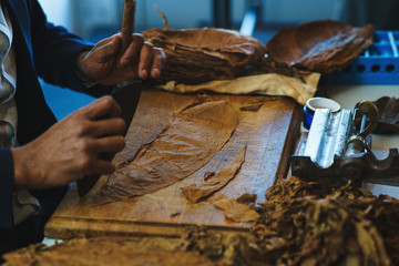 Process of making traditional cigars from tobacco leaves with own hands using a mechanical device and press.