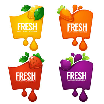 vector collection of bright  frames  stickers, emblems and banners for vegetables, fruits and berry fresh juice