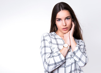 beautiful young woman with long hair wearing wrist watch
