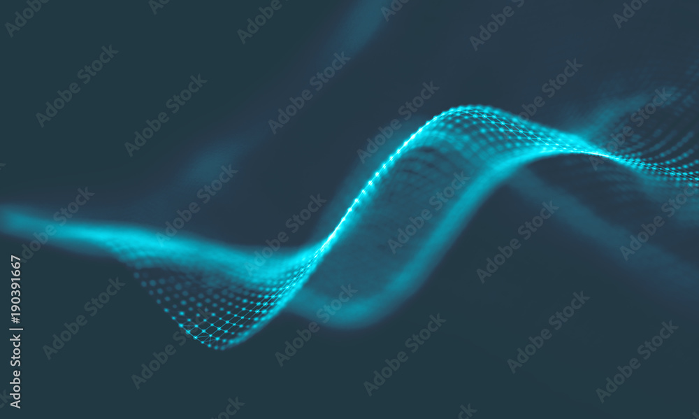 Poster abstract music background. big data particle flow visualisation. science infographic futuristic illu