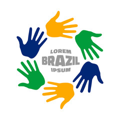 Colorful six hand print logo using Brazil flag colors. Vector illustration.