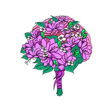 Object on white background vector. Wedding bouquet of the bride. Flowers lisianthus, eustom or prairie gentian. Matricaria
