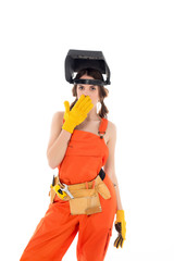 shocked girl in overalls with protective mask on head, isolated on white