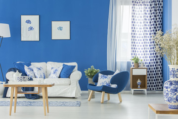Blue and white living room