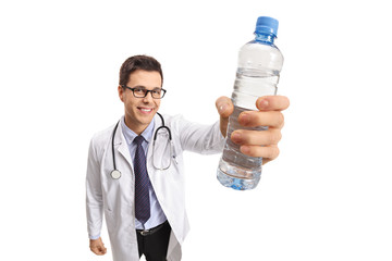 Doctor showing a bottle of water