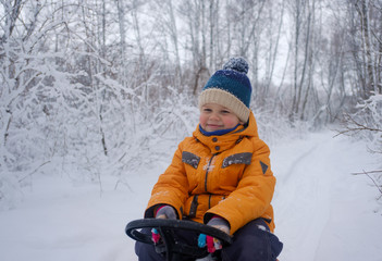 Fototapeta na wymiar cute European boy riding on sled in the woods