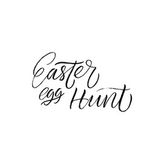 Easter Egg Hunt poster with grass and realistic eggs. Modern brush calligraphy.