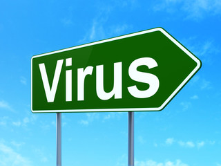 Protection concept: Virus on green road highway sign, clear blue sky background, 3D rendering