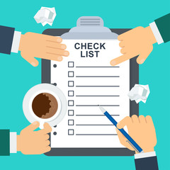 Fototapeta na wymiar Businessmen put marks in the checklist. Office planning and management. Flat vector cartoon illustration. Objects isolated on white background.