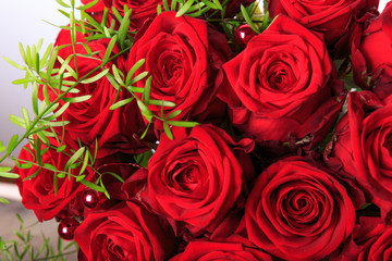 Luxury bouquet made of red roses in flower shop Valentines Bouquet of red roses