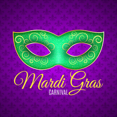 Flyer for Mardi Gras carnival. Green glitter mask with green sparkles. Seamless pattern from purple heraldic lily. Fleur de lis symbol for a masquerade. Text typography. Vector © sersupervector
