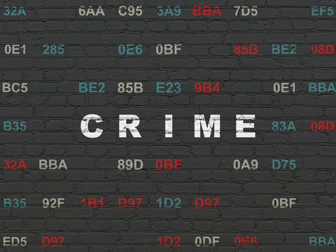 Privacy concept: Painted white text Crime on Black Brick wall background with Hexadecimal Code