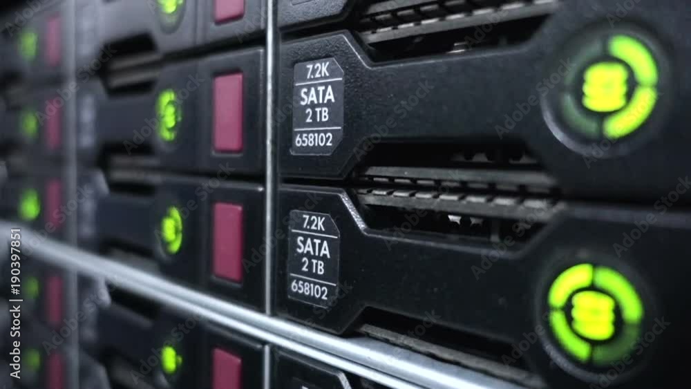 Poster storage hdd server. flashing lamp. data servers rack with many hard drives and led lamps flashes.