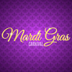Flyer for Mardi Gras carnival. Gold glitter text with golden sparkles. Seamless pattern from purple heraldic lily. Fleur de lis symbol for a masquerade. Gold particles shine. Vector © sersupervector
