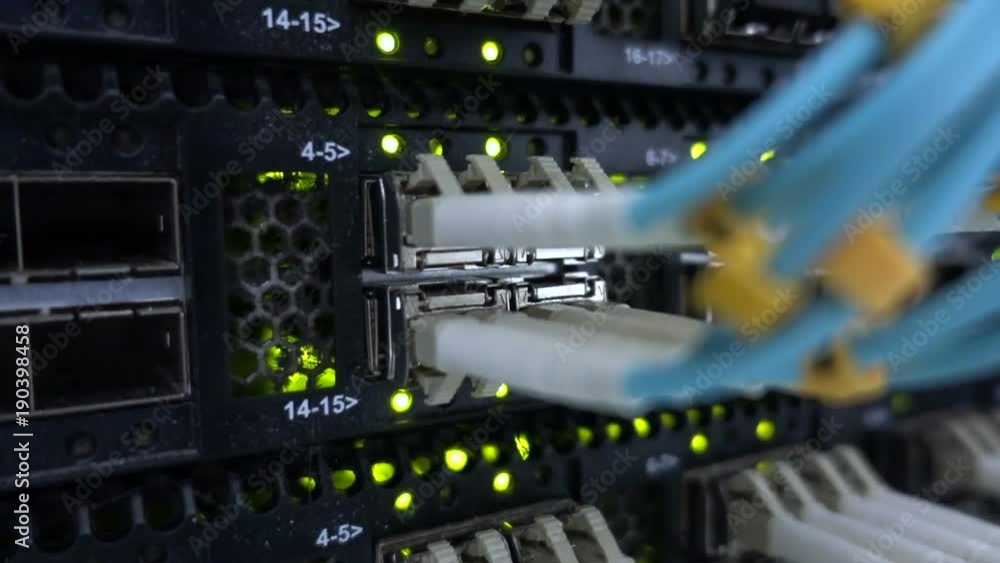Poster optical server. commutator. flashing lights. optical fiber. video ip gateways. audio. severs compute