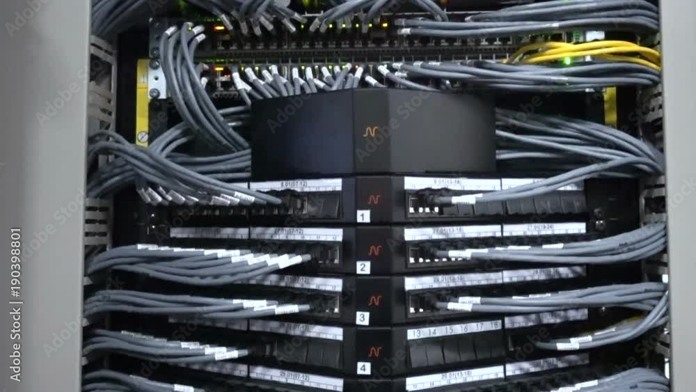 Poster cables and connections on network server. video in motion. there is a small noise