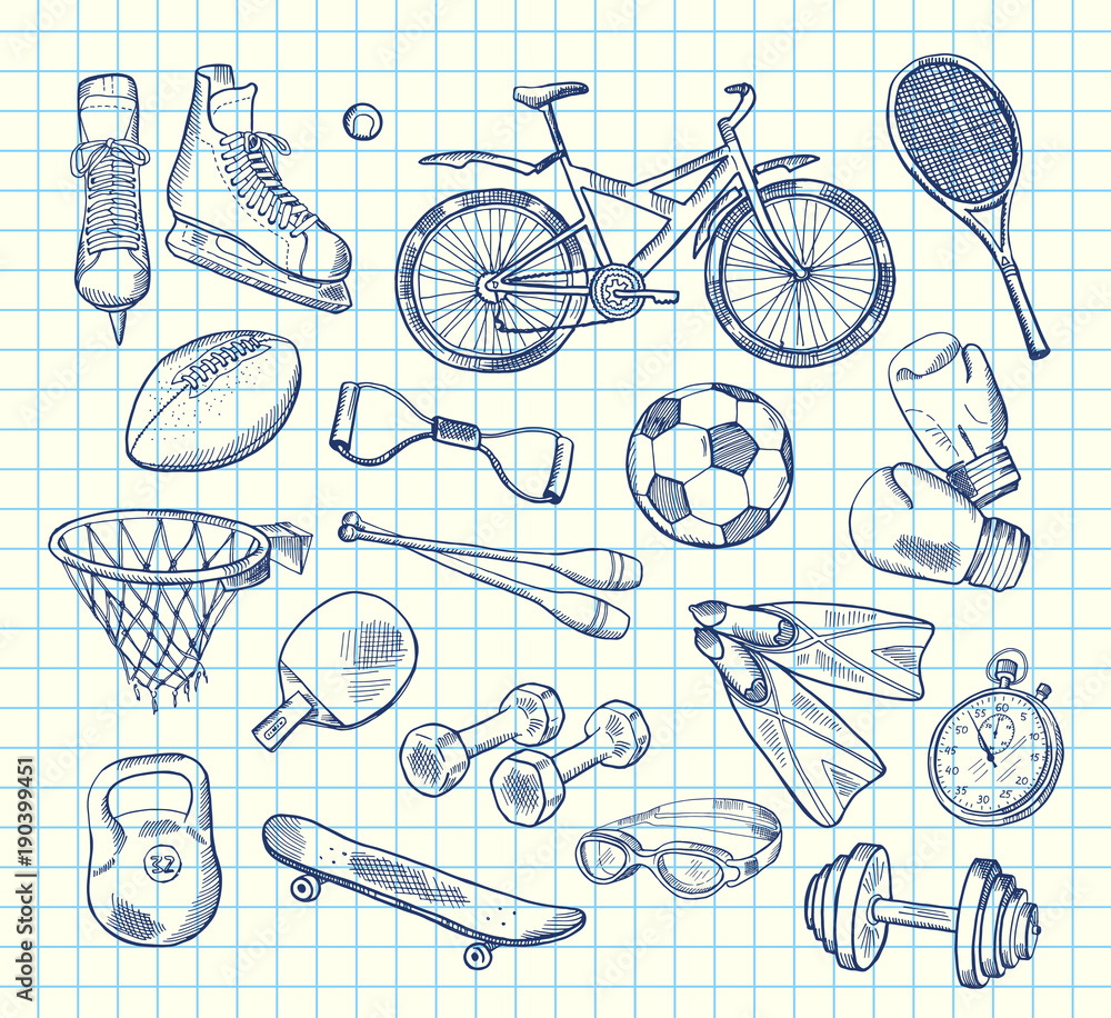 Sticker vector hand drawn sports equipment