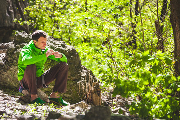 The climber is resting.