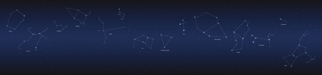 constellation in cosmos panorama background, group of star in galaxy, astronomy set, vector illustration