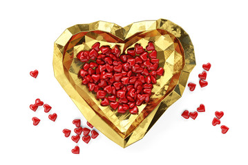 Small red hearts lie on a golden plate in the form of a heart. Valentine's Day theme. Top view, isolated on a white background, path included. 3d rendering.
