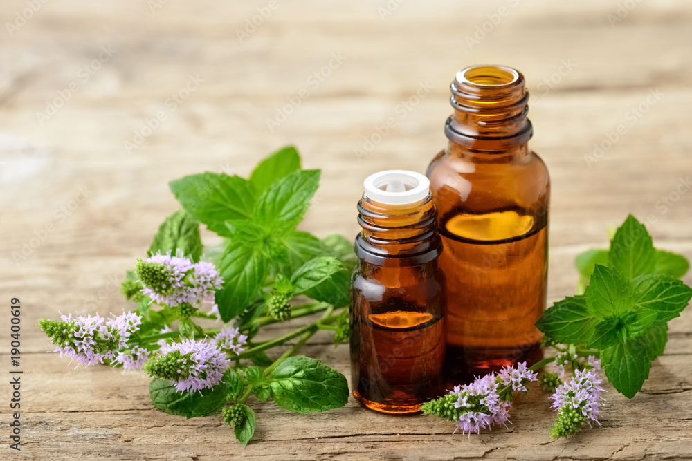 Wall mural Peppermint essential oil and fresh peppermint flowers on the wooden table