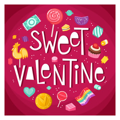 Valentine day poster with sweets and candies floating around phrase Sweet Valentine Vector illustration in bright colors on pink backround.
