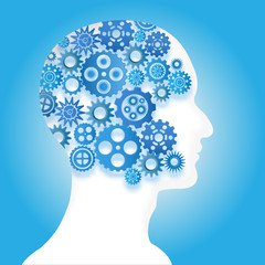 Gear brain human in blue layer background as technology, industry, cogs representing and thinking mind concept.
