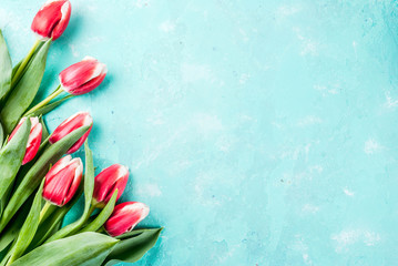 Background for congratulations, greeting cards. Fresh spring tulips flowers with chalkboard for text, on  light blue background top view copy space