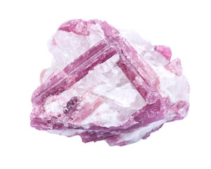 Rough white quartz studded with pink tourmaline crystals, from Brazil isolated on white background