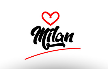 milan word text of european city with red heart for tourism promotio