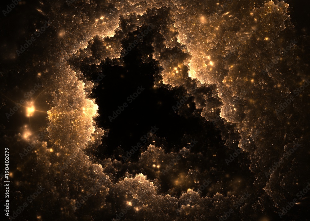 Wall mural abstract golden fractal clouds hole with lens flare on black background. fractal art