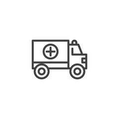 Ambulance truck line icon, outline vector sign, linear style pictogram isolated on white. Medical car symbol, logo illustration. Editable stroke