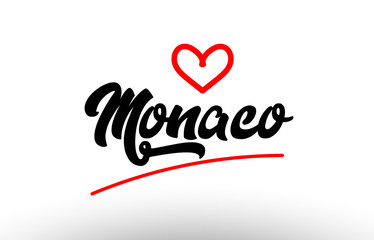 monaco word text of european city with red heart for tourism promotio