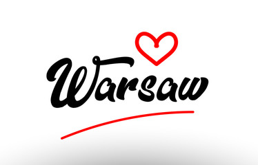 warsaw word text of european city with red heart for tourism promotio