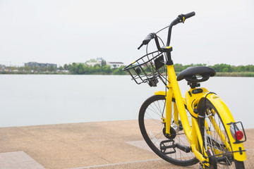 Fototapeta na wymiar Yellow bike with swamp background. Yellow bicycle in the public park.