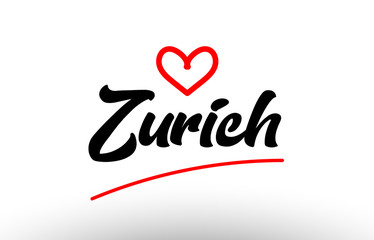 zurich word text of european city with red heart for tourism promotio