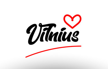 vilnius word text of european city with red heart for tourism promotio