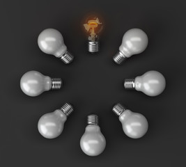 Bright glow bulb standalone from white bulb on black - 3d illustration.