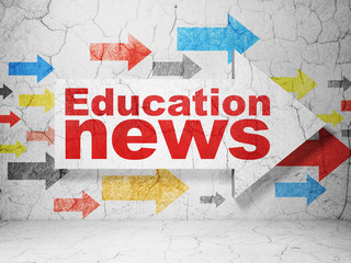 News concept:  arrow with Education News on grunge textured concrete wall background, 3D rendering