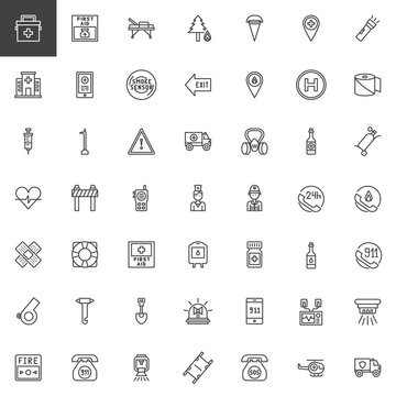 Fire emergency line icons set, outline vector symbol collection, linear style pictogram pack. Signs, logo illustration. Set includes icons as hospital, stretcher, ambulance, fireman, extinguisher