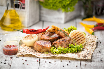 meat skewers on the grill, Tasty and healthy food