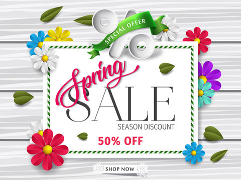 Spring sale background with beautiful colorful flower. Vector illustration. Wallpaper. flyers, posters, brochure, voucher discount. Spring sale banner with paper flowers for online shopping.