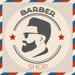Vector vintage barber shop logo for design. Hipster Man, Hairdresser Logo. retro label badge emblem. Vintage logotype. Man in sunglasses portrait.
