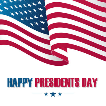 Happy Presidents Day celebration card with waving USA national flag. Vector illustration.