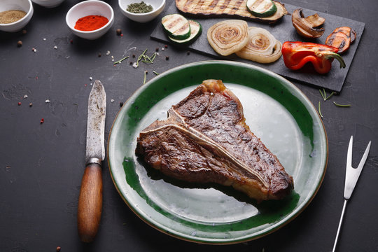 Medium rare Grilled T-Bone Steak closeup