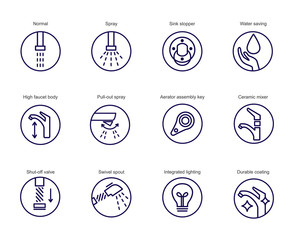 Plumbing, sewerage, pipe, faucet thin line vector icons set