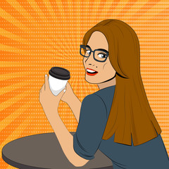 Fashion woman model with long hair in glasses drinking coffee pop art vector illustration. Portrait of young girl with cup of coffee retro style. Beautiful woman in cafe.
