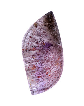 Super Seven Quartz cabochon from Grand Formation in Espirito Santo, Brazil, isolated on white background 