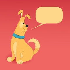 Cute dog with place for text on red background vector illustration. Happy cartoon puppy sitting, Portrait of cute little dog wearing collar.
