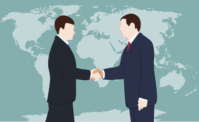 Handshake vector illustration. Business man shaking hands. Strong and firm handshake clap. Men shake hands on the background of the world map.
